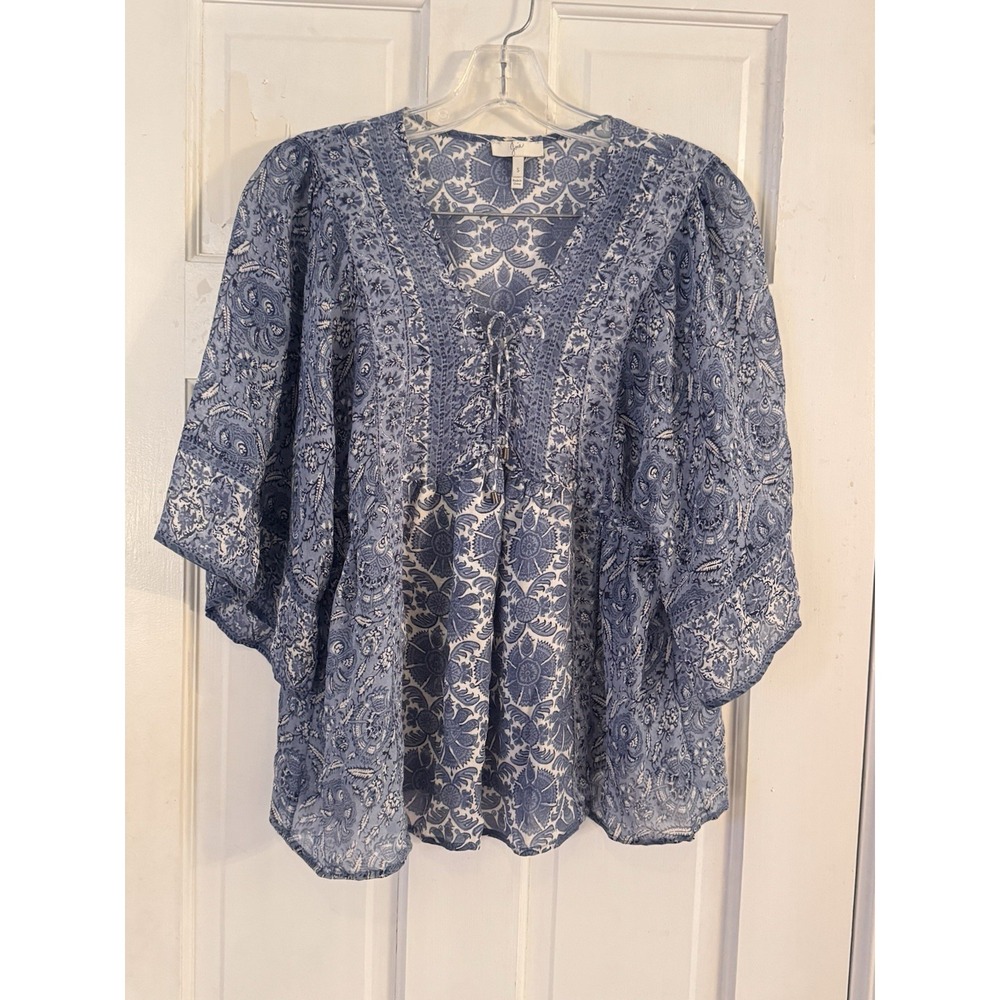 💙Joie Women's Sz S Silk Blouse Blue White Tassels‎ Boho Lightweight